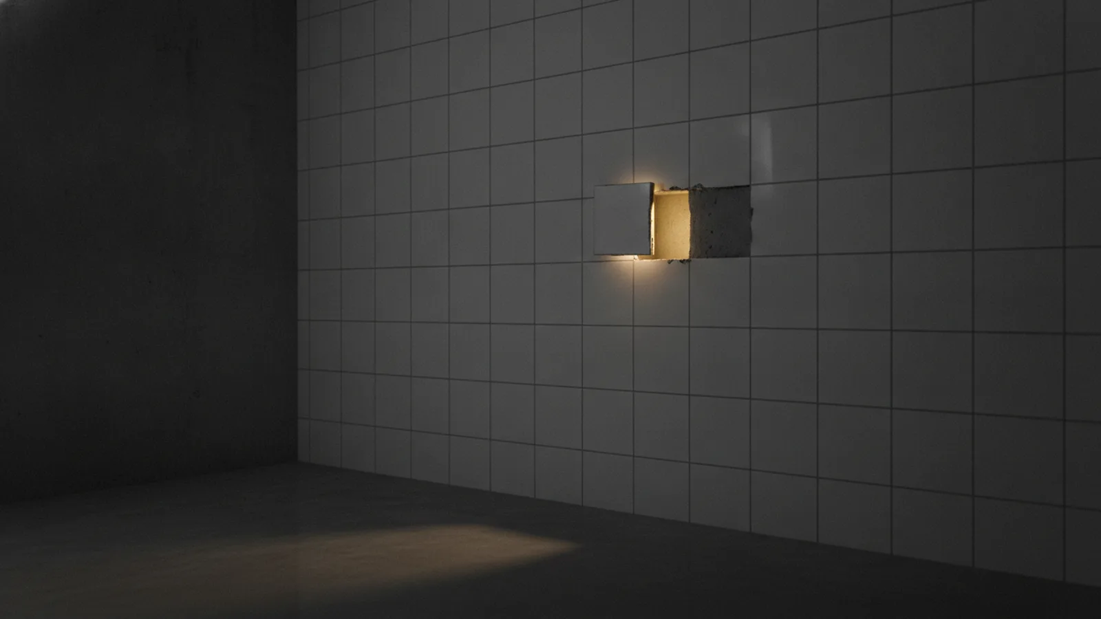 A wall of identical white ceramic tiles in a dark backroom, one tile left slightly ajar revealing a dark gap behind it.