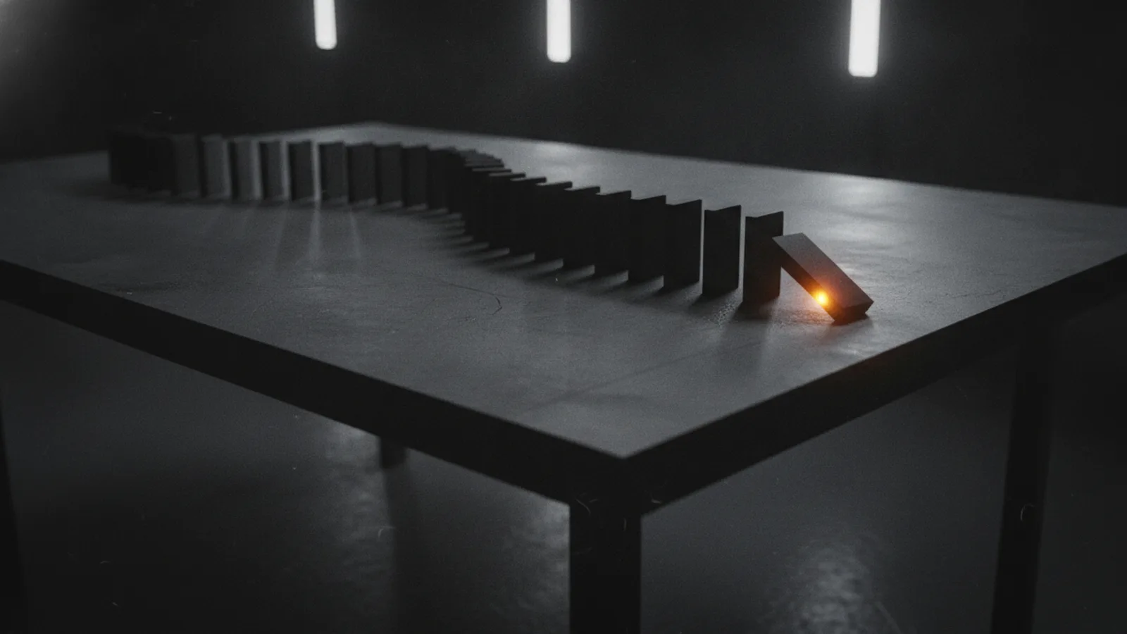 Une longue rangée de dominos noirs renversés sur une table sombre, le domino de tête seul éclairé d’ambre.