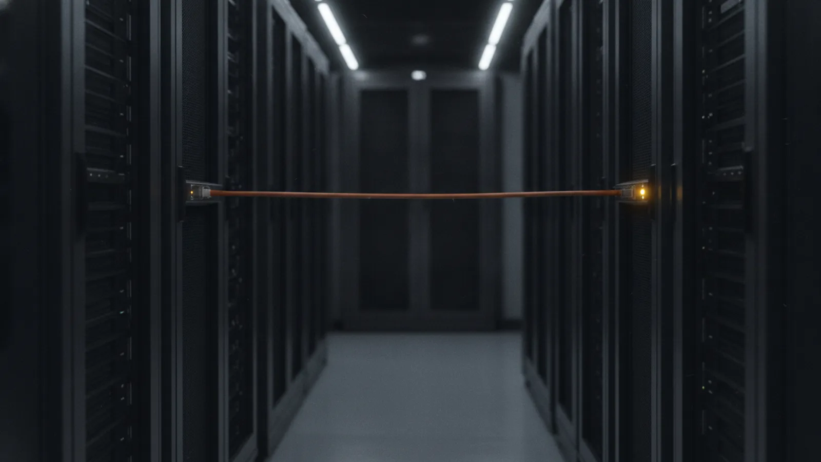 Two server racks side by side, a single fiber cable connecting them, a lone amber LED at the connection point, dark background