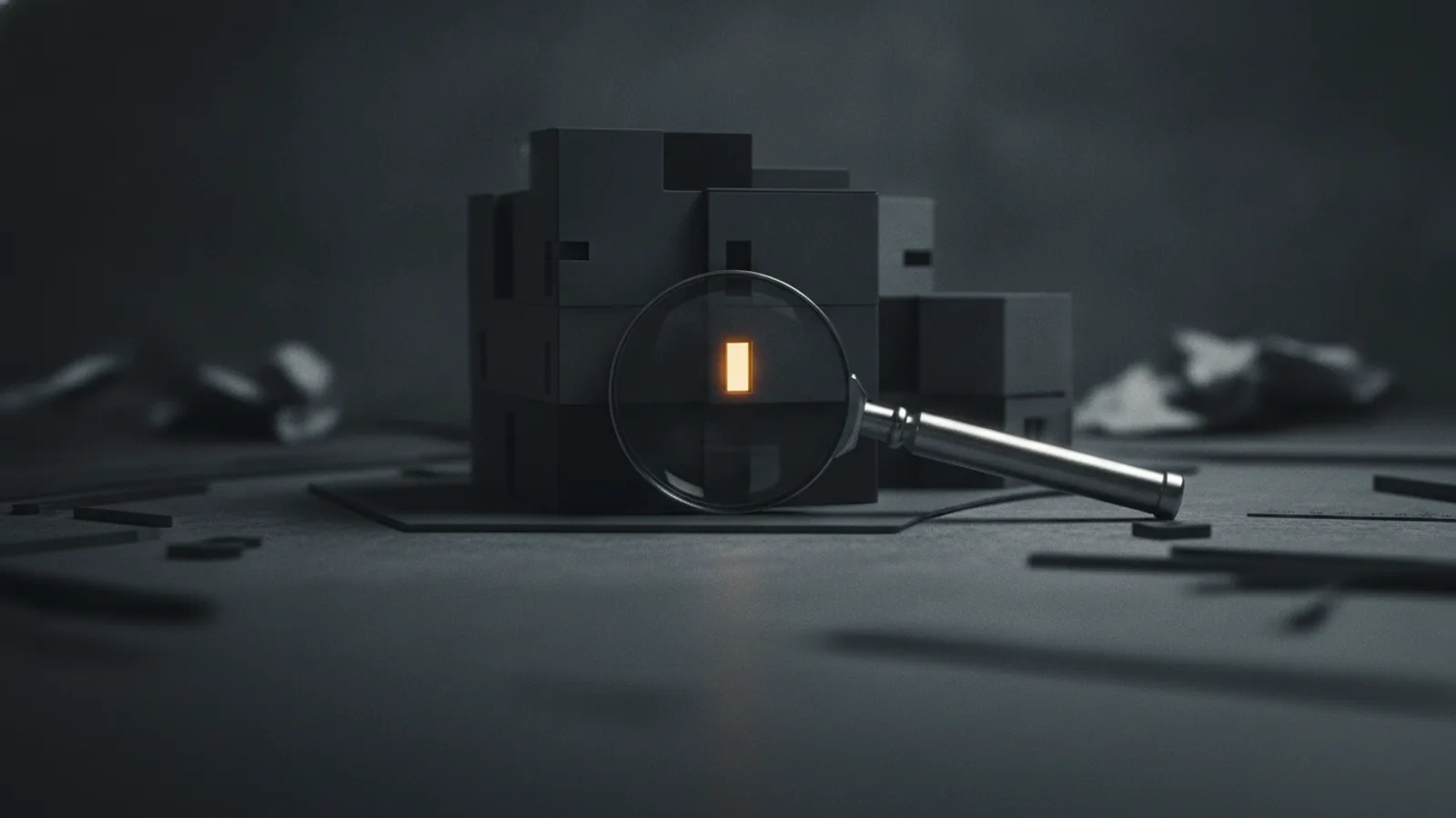 Une loupe d’architecte posée sur une maquette de bâtiment sur une table de travail, une seule fenêtre ambre allumée dans la maquette.