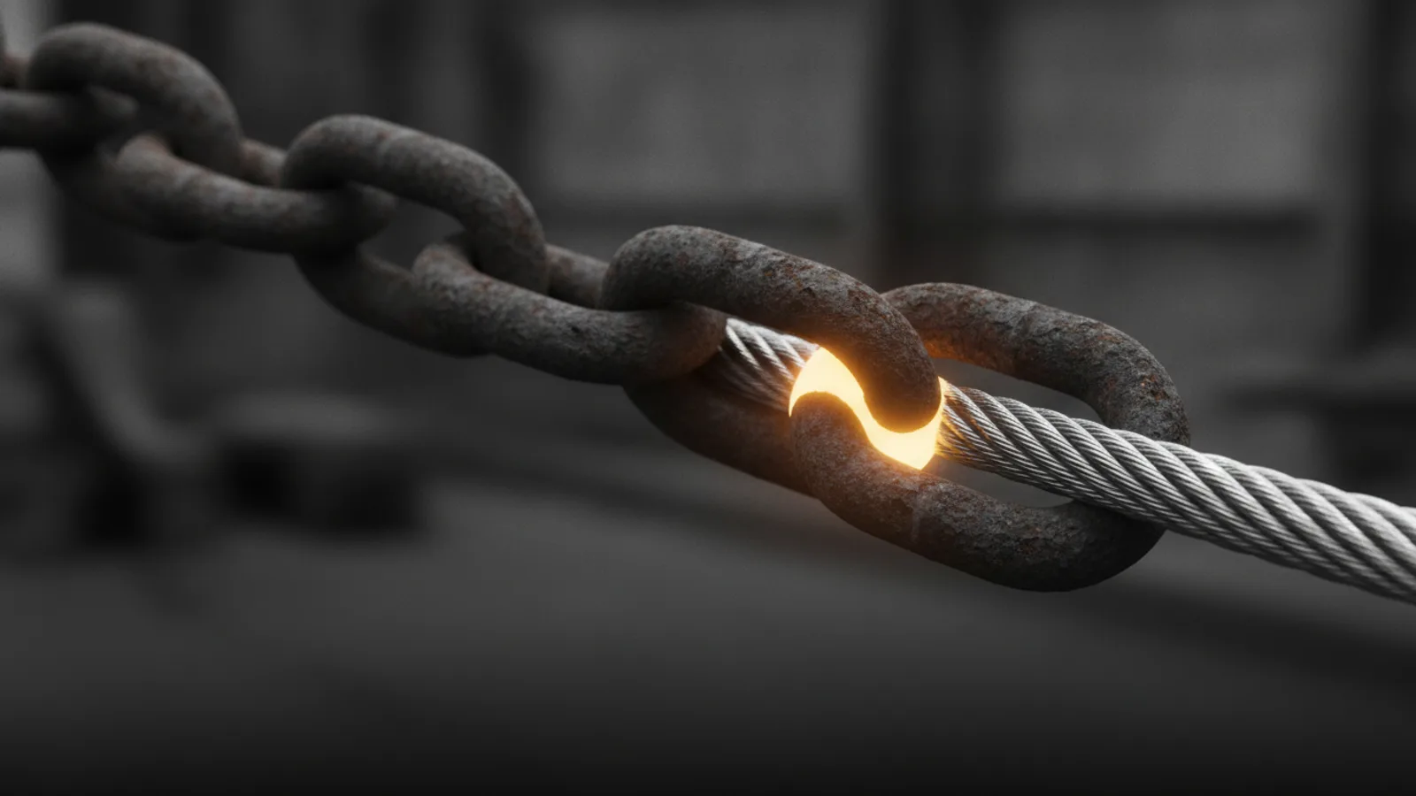 A rusted steel chain being replaced link by link by a bright braided steel cable, one link marked with an amber glint.