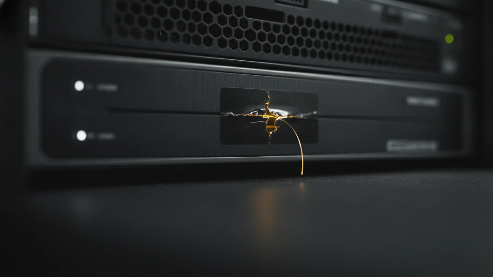 Un châssis de serveur scellé dont l’étiquette d’inviolabilité est déchirée, une seule fibre jaune ambre exposée à la déchirure.