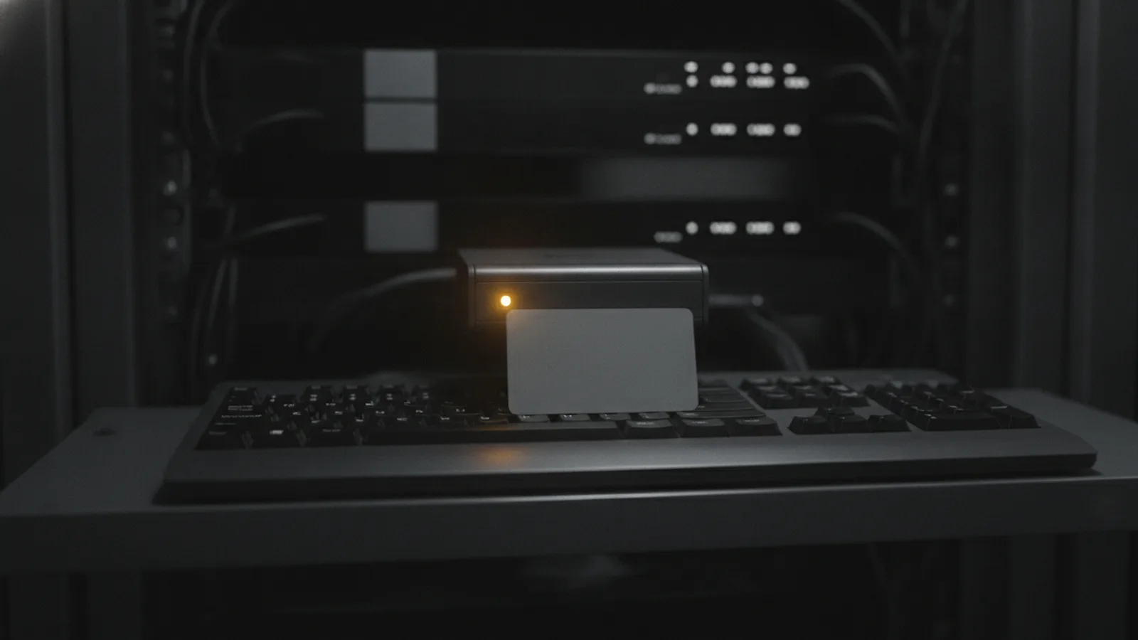 An access badge resting on a server-room keyboard, a single yellow LED blinking on the reader — a metaphor for certificate-based identity spoofing.