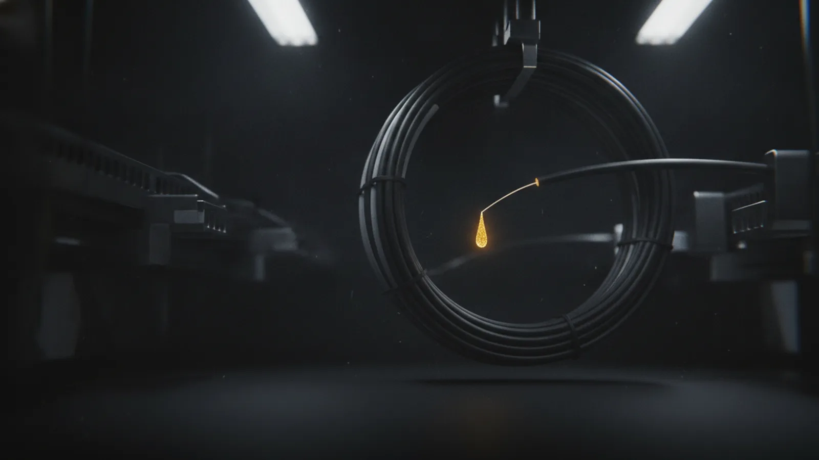 A fiber optic network cable with one fiber severed, a single amber drop of light escaping from the cut, dark anthracite background