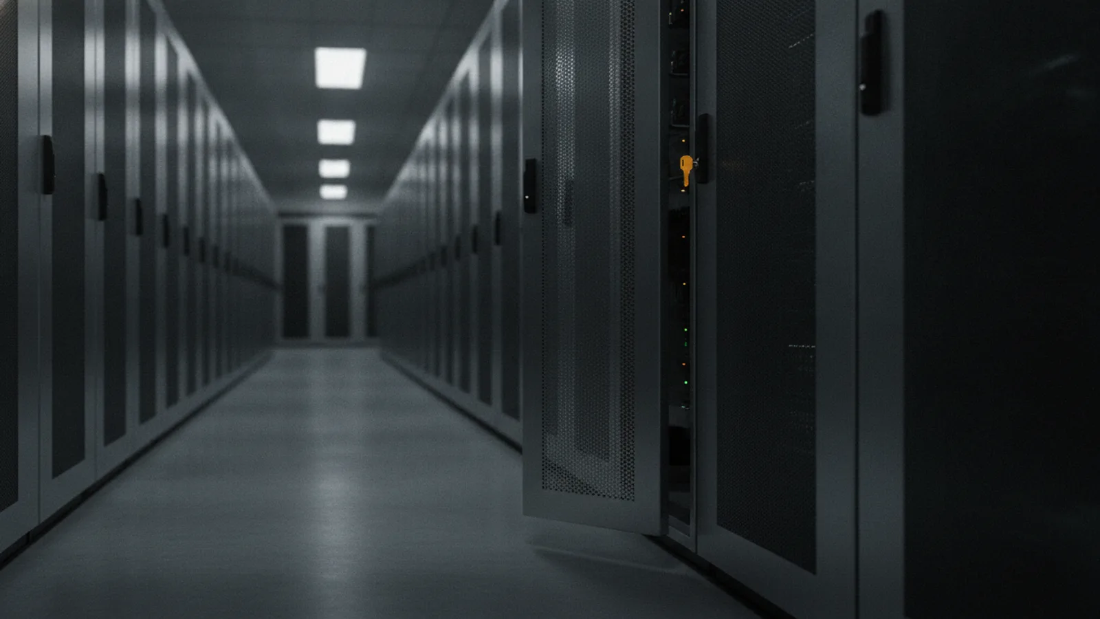 A row of locked server cabinets in a data center — one door slightly ajar, a yellow key still in the lock