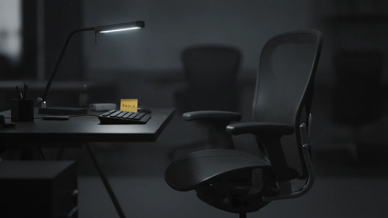 An unoccupied ergonomic office chair turned slightly away from a desk where a single desk lamp is still switched on, one amber sticky note resting on the keyboard.
