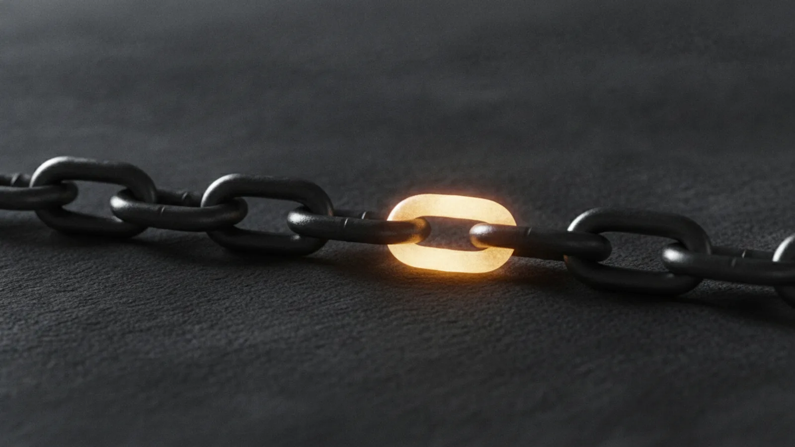 Une chaîne d’acier aux maillons imbriqués posée sur du béton sombre, un seul maillon ambre lumineux au centre.