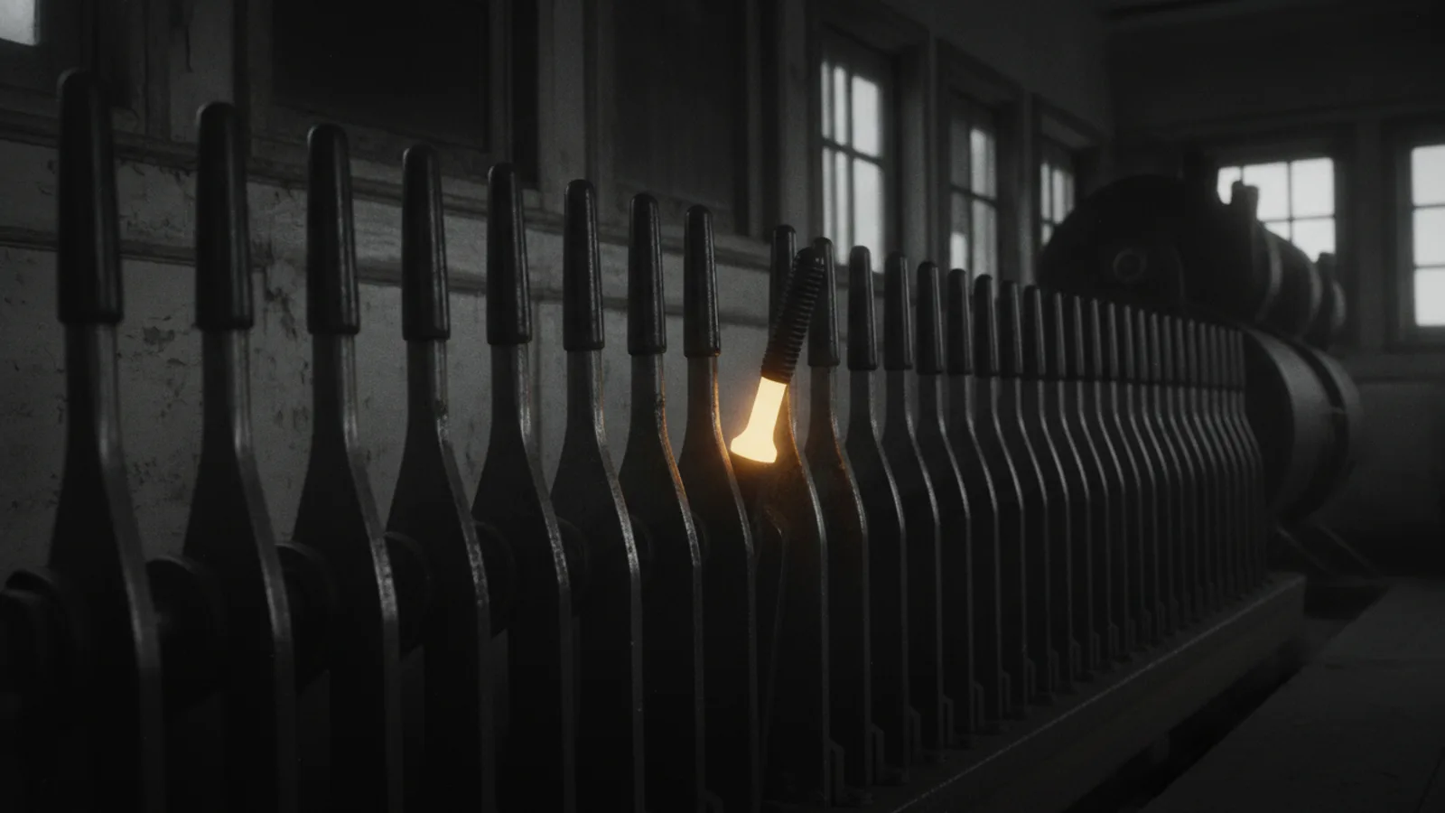 A dark railway signal box with a row of identical steel track levers, a single lever glowing amber and held in a mid-throw position.