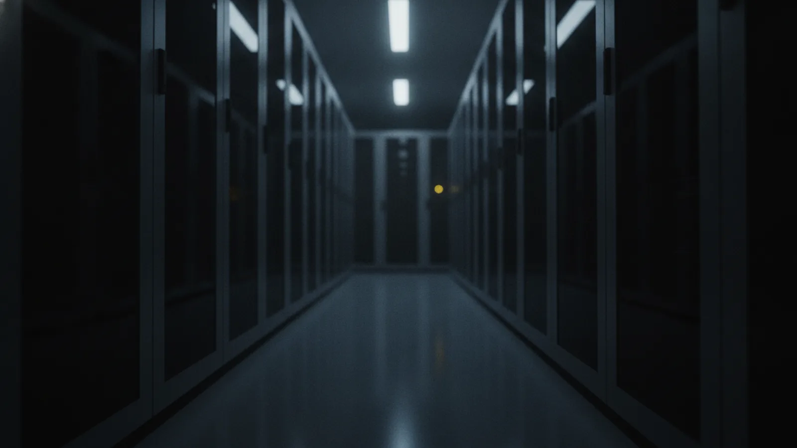 Un long couloir sombre de baies serveurs identiques qui s’enfoncent dans l’ombre, une seule diode d’état ambre allumée sur l’une des baies.