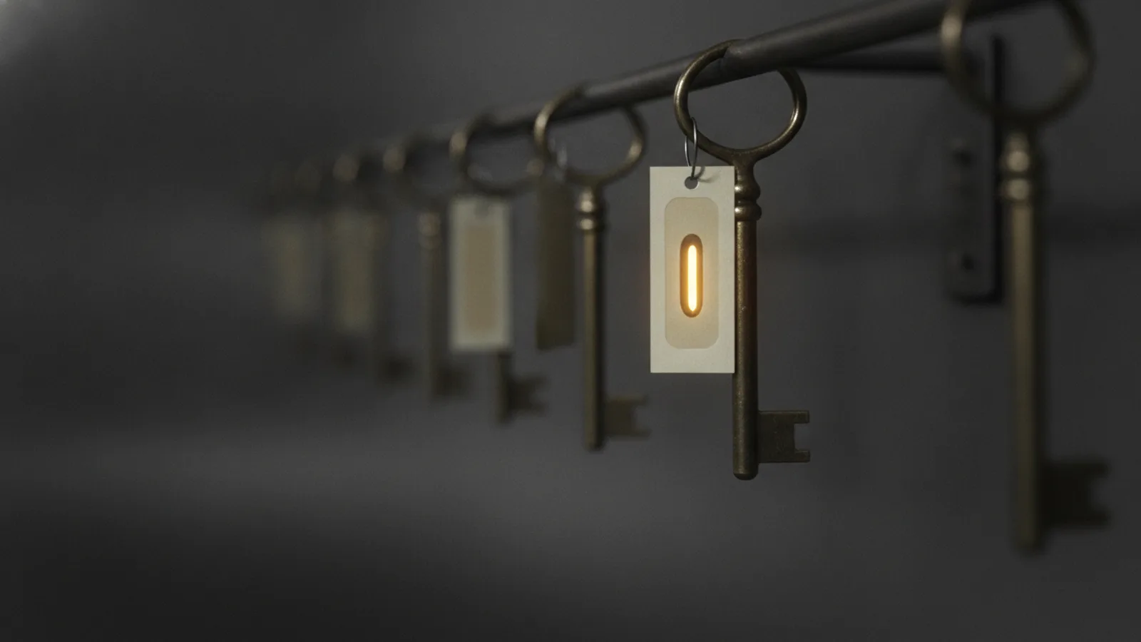 A row of identical brass keys hanging from a dark metal rack, one bearing a mismatched label tag, a single amber reflection on that tag.