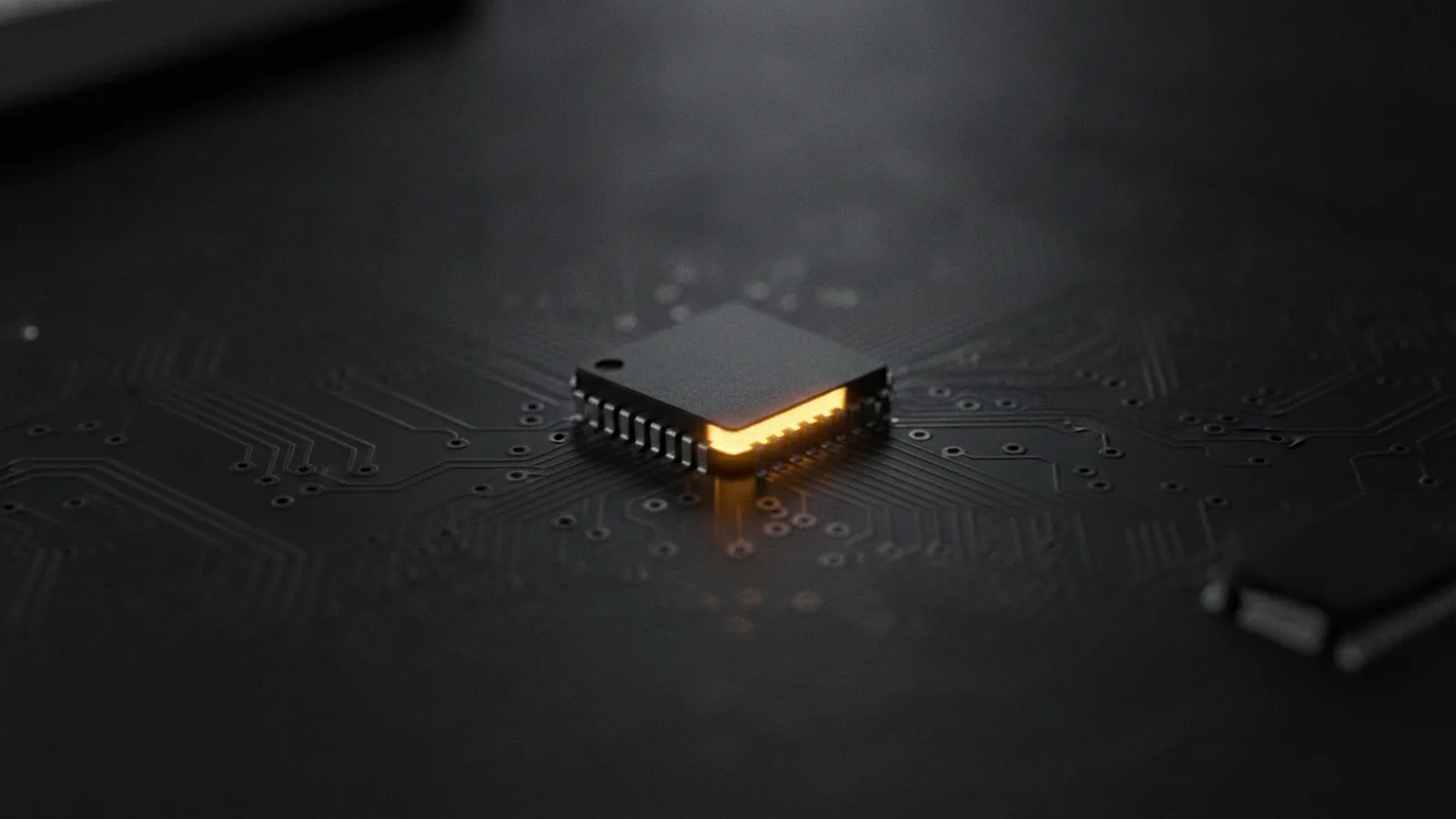 A small square integrated circuit seated on a dark circuit board, one corner glowing amber.