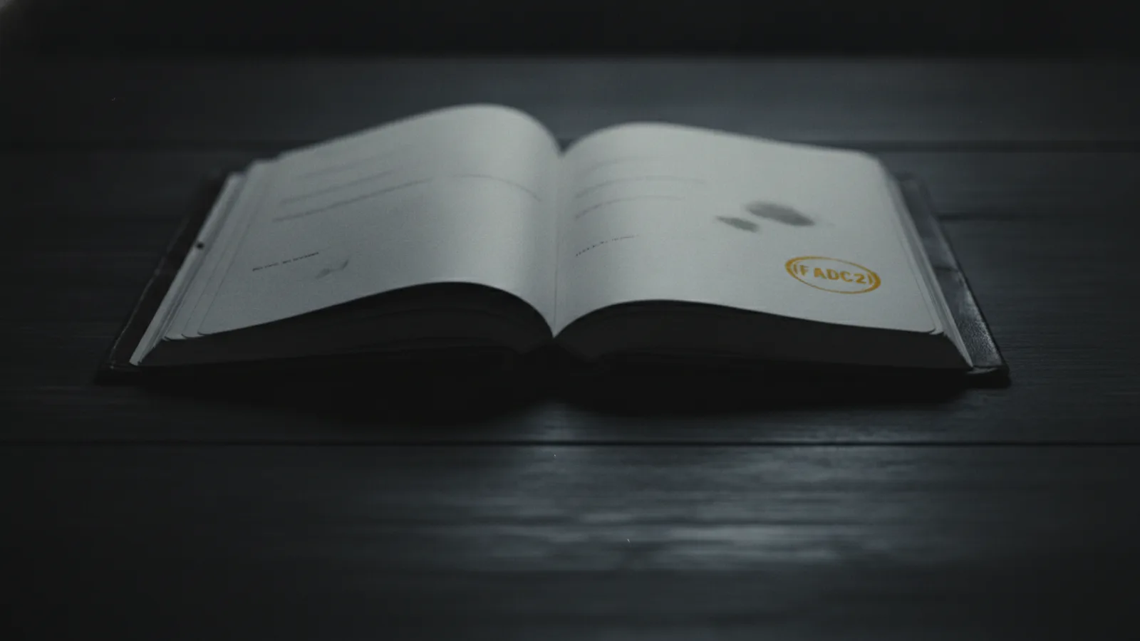 An open paper ledger on a dark wooden desk, a single amber-yellow ink stamp mark on one page.