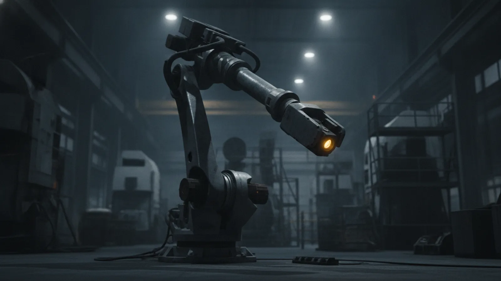An industrial robot arm in a dark factory, a single amber indicator lit on its wrist joint.