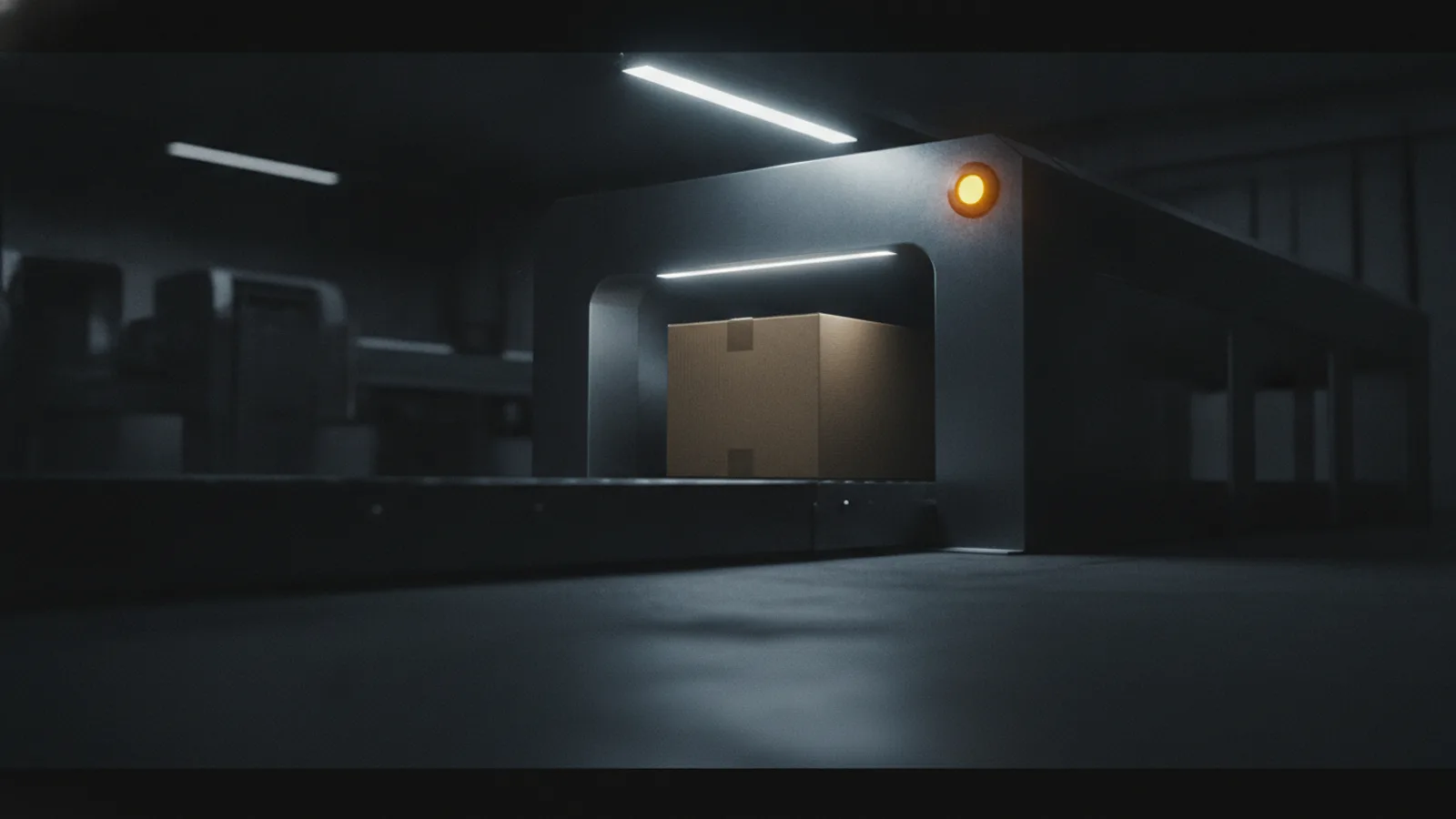 A cardboard shipping parcel moving through a metal security scanning arch in a dark mailroom, a single amber indicator lamp glowing on the arch.