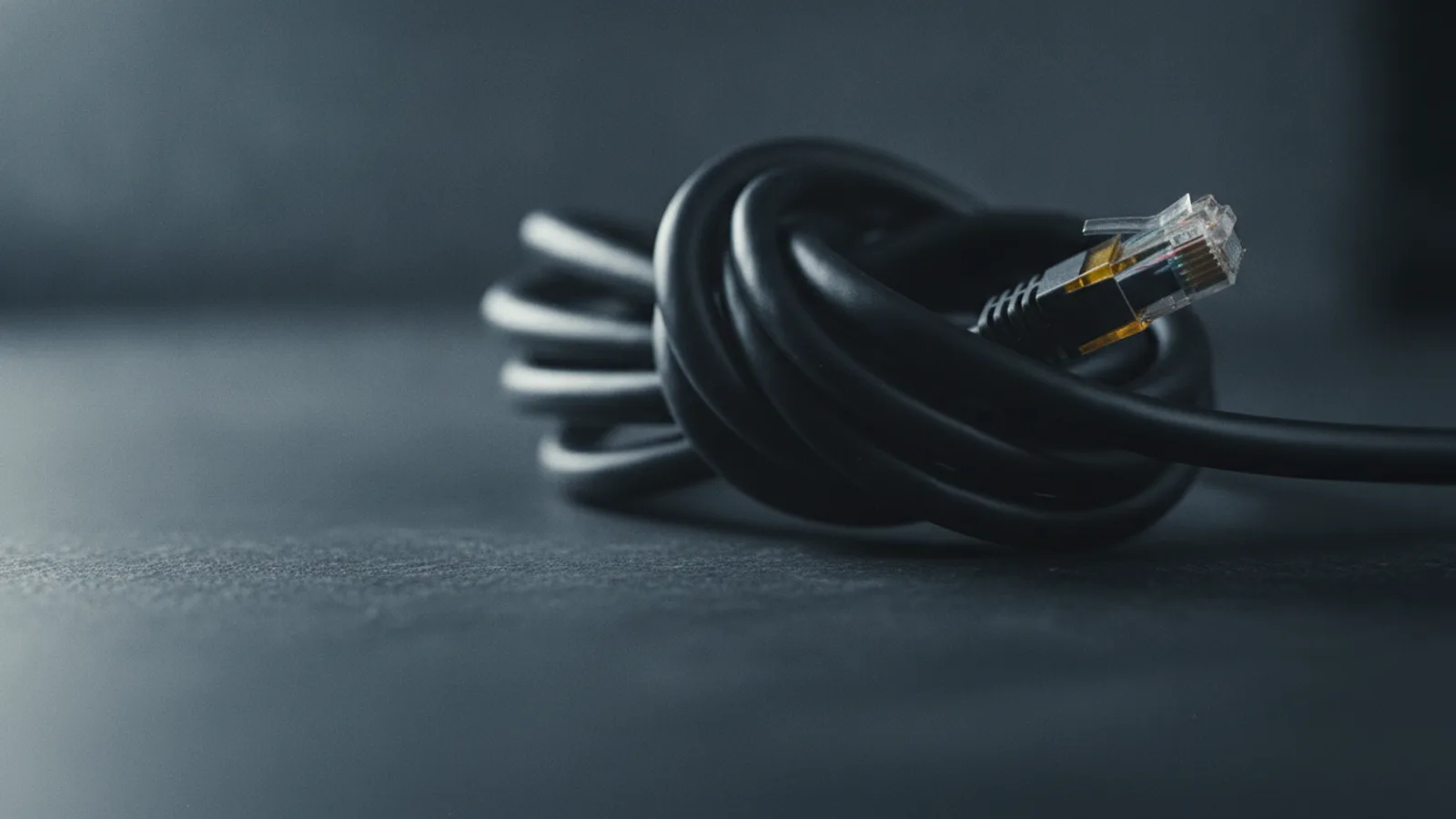 A tightly knotted loop of black ethernet cable on a dark desk, a single amber RJ45 connector protruding from the knot.