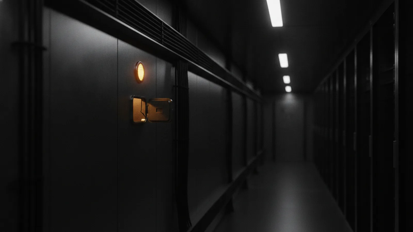 A long service tunnel between two dark server rooms, a single amber indicator lamp lit above an access hatch left open.