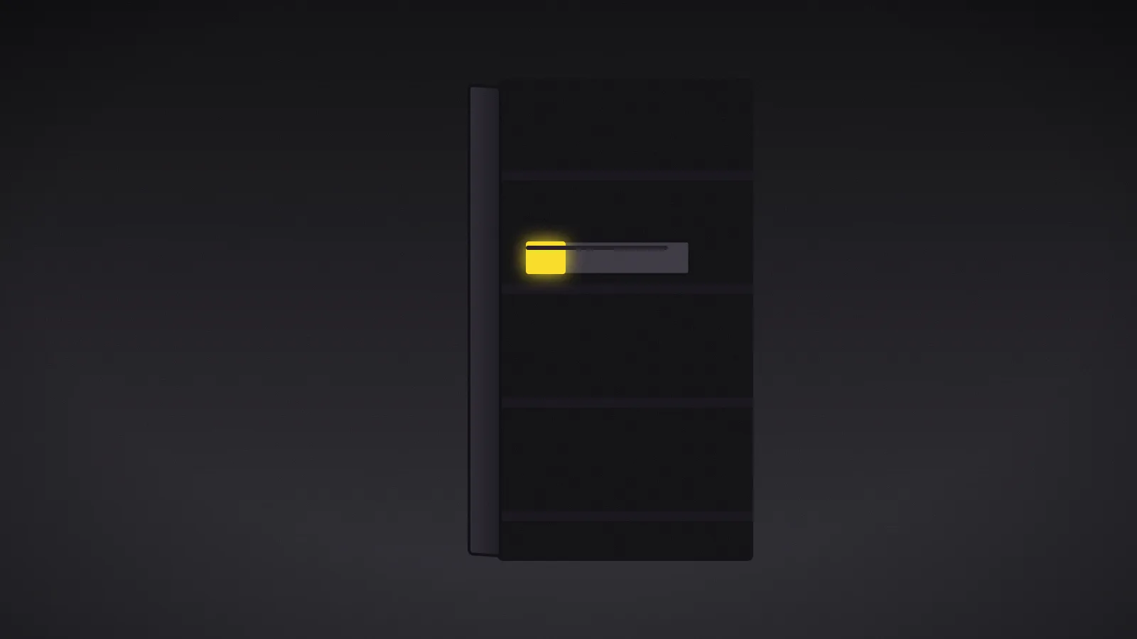 A steel server cabinet with one door ajar, a manila folder pulled partway out of a drawer, its amber tab barely visible.