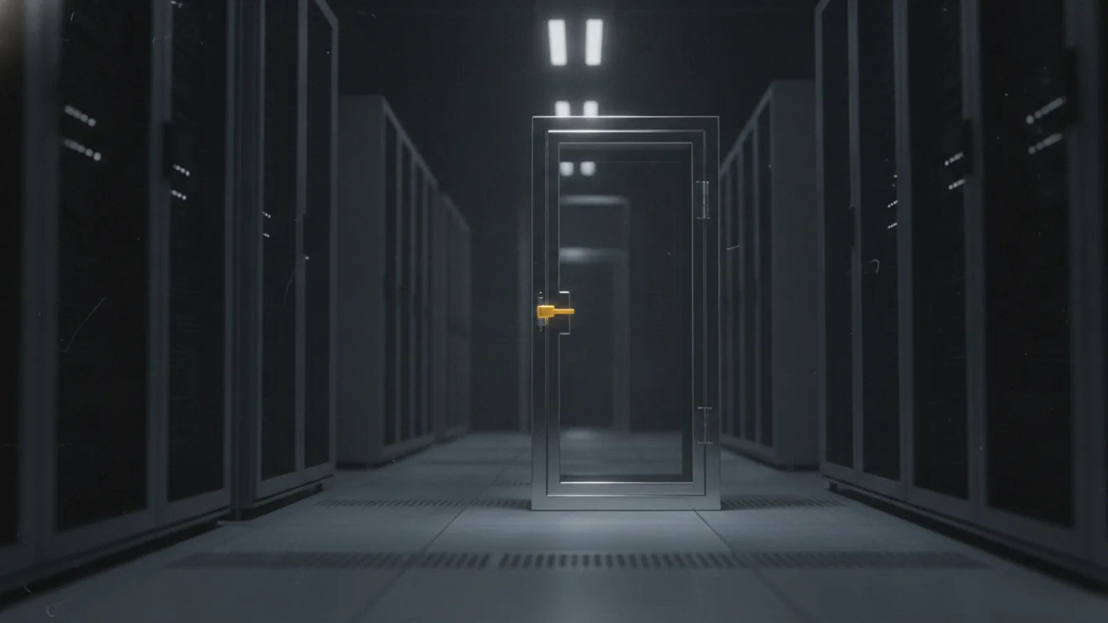 Une cellule de confinement en verre vide et scellée dans une allée de data center sombre, un seul loquet jaune ambre sur sa porte.