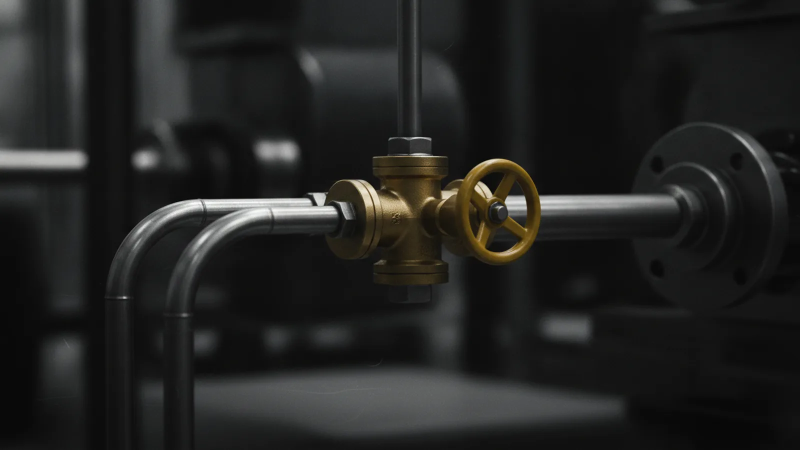 A brass manifold where three steel pipes of different diameters converge into a single outlet, one amber valve wheel on the shared line.