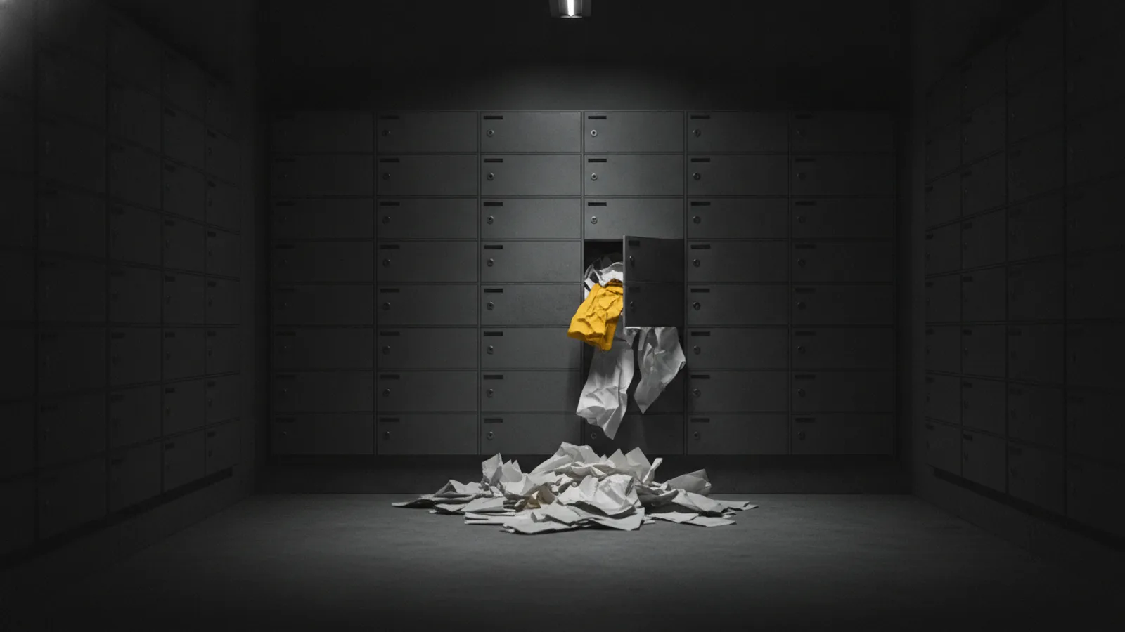 A wall of metal mailboxes, one door ajar with documents spilling onto the floor.