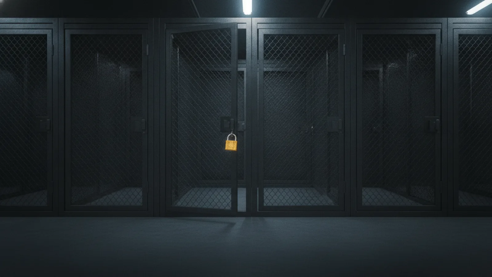 Une rangée de portes de cage de stockage métalliques entrouvertes, un seul cadenas ambre suspendu à l’un des loquets.