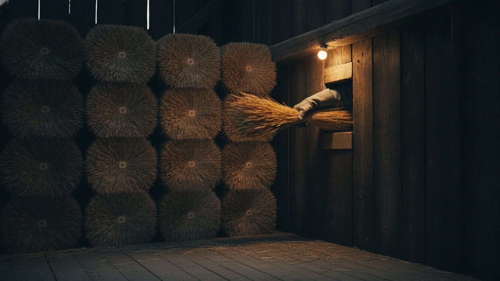 Un intérieur de grange sombre aux poutres de bois, des gerbes de céréales empilées avec soin, une gerbe glissée d’une pile pleine vers un casier vide, une seule lampe ambre chaude allumée.