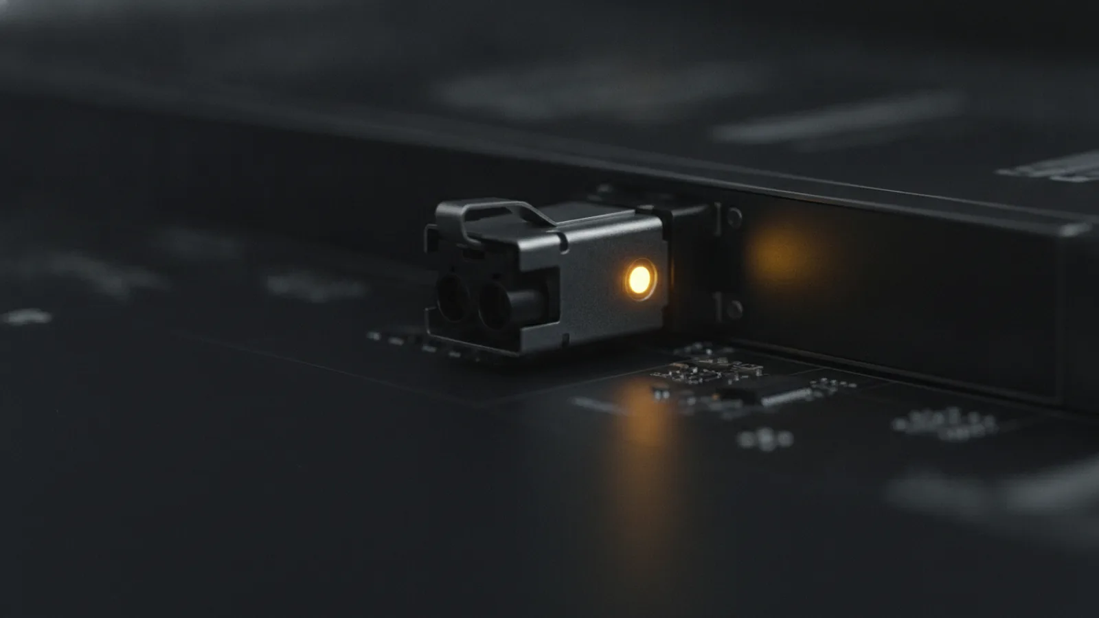 Un module optique 100G à moitié inséré dans un connecteur de carte réseau sombre, une seule diode ambre allumée.