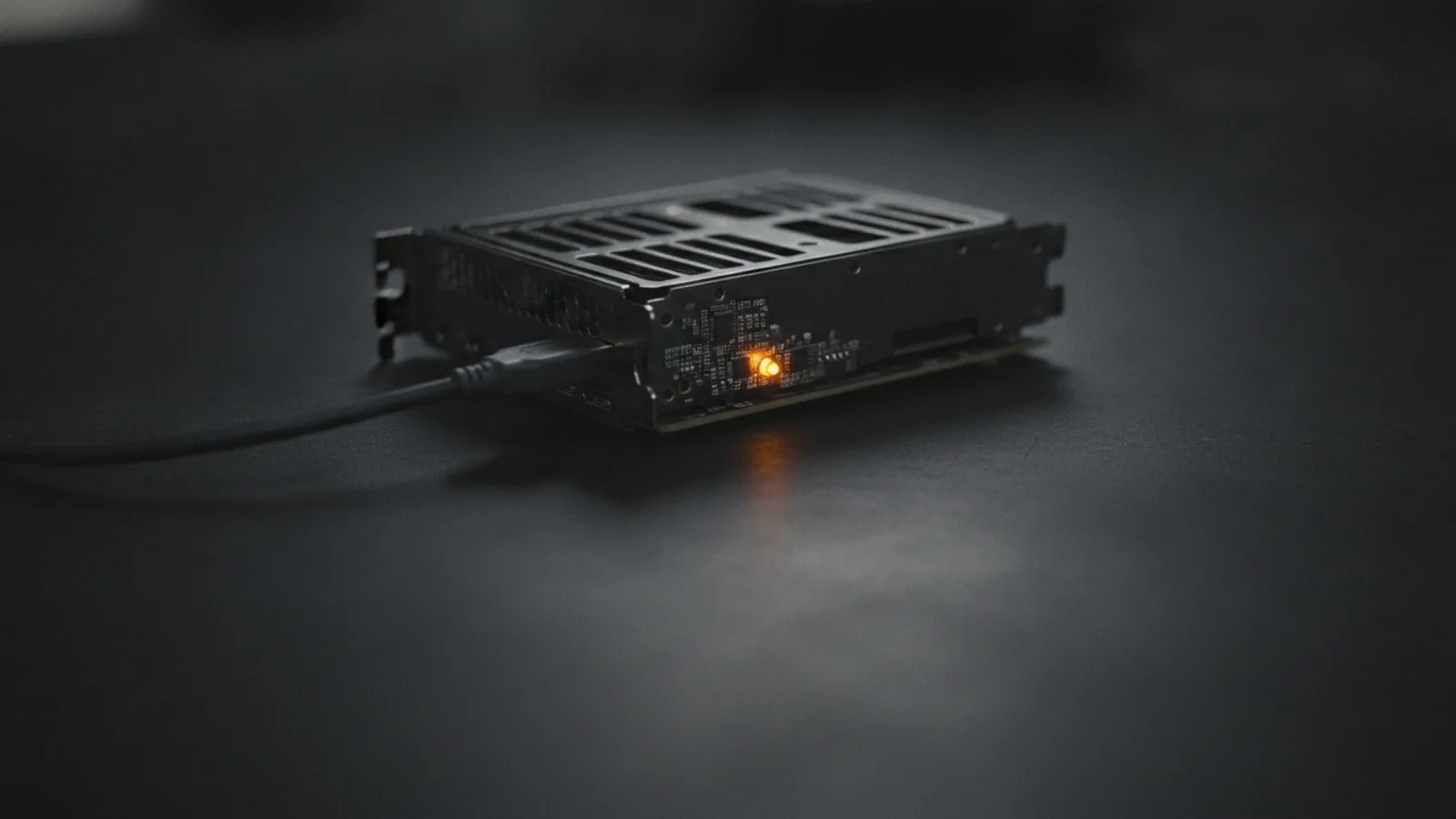 A single NVIDIA GPU on a dark workbench, a USB firmware cable plugged in, amber LED accent on the flash port