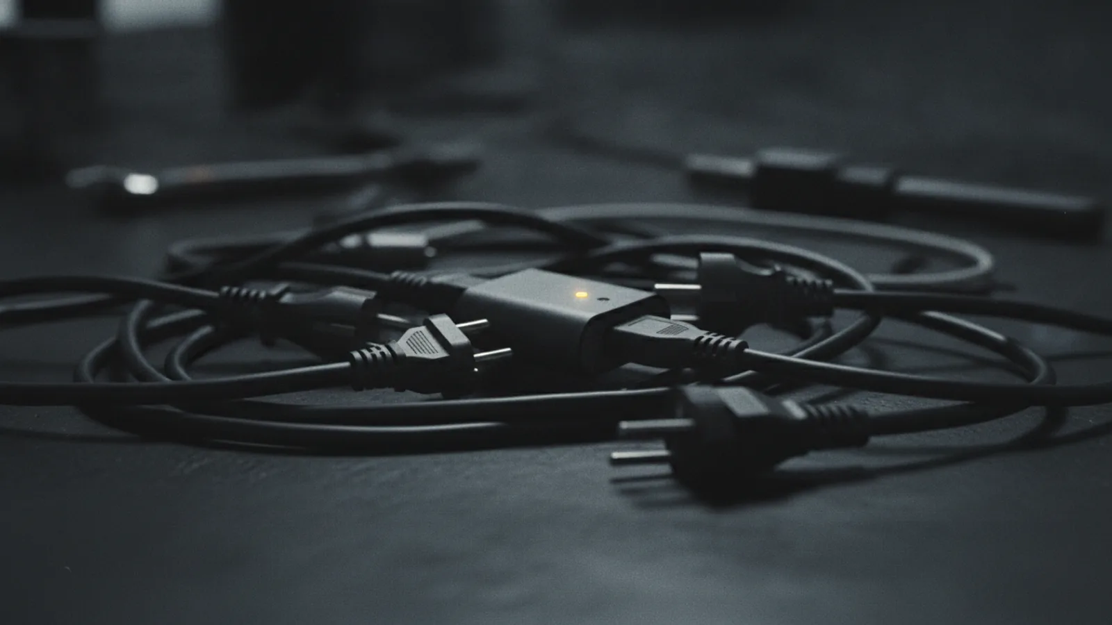 A tangle of mismatched electrical plugs and connectors on a dark workbench, a single universal adapter bridging two standards.