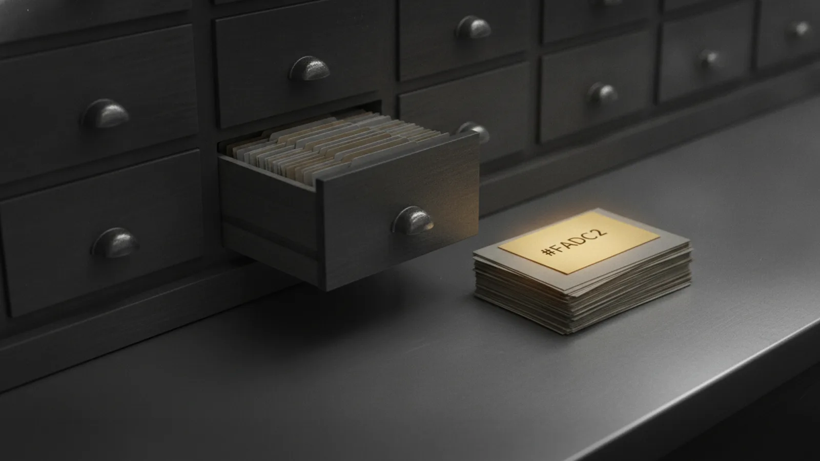 Un meuble de bibliothèque à casiers en bois sombre, un tiroir ouvert et une pile de fiches cartonnées retirées posée à côté, une seule fiche marquée d’un accent jaune ambre.
