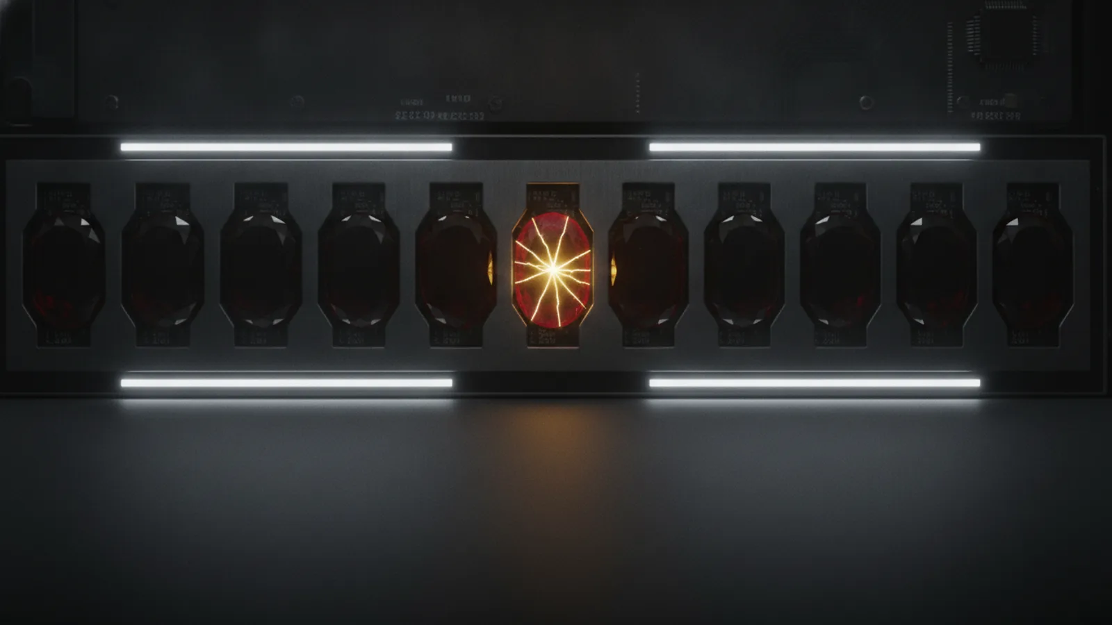 A fractured ruby gemstone among a row of pristine gems, a yellow glint on the crack