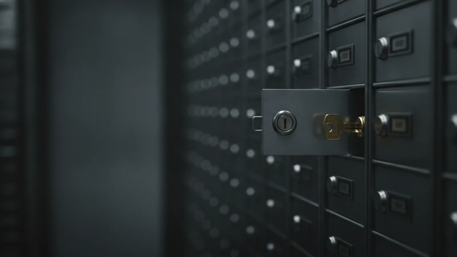 A wall of metal safety-deposit boxes in a dark vault, a single box left open with its key still in the lock.