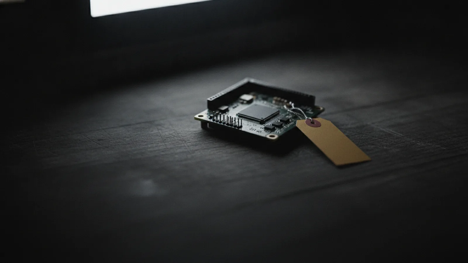 Une carte Raspberry Pi verte posée sur un établi sombre, une étiquette de prix ambre vierge accrochée à l’un de ses coins.