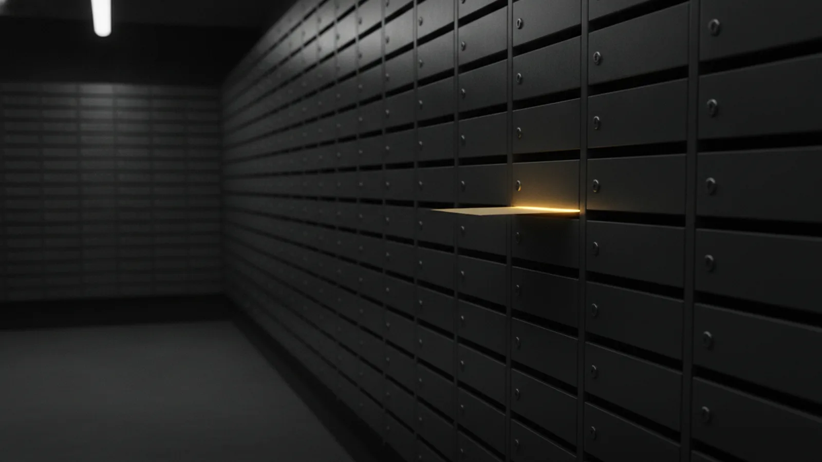 Un mur de casiers métalliques gris identiques dans une salle de courrier vide, une enveloppe dépassant d’une fente et luisant d’un éclat ambre.