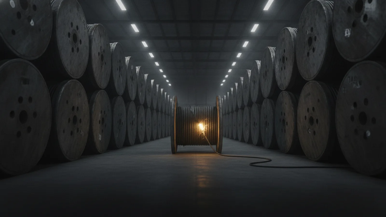 Identical industrial cable spools in a dark warehouse, a single spool with its cable end pulled loose and glowing amber-yellow.
