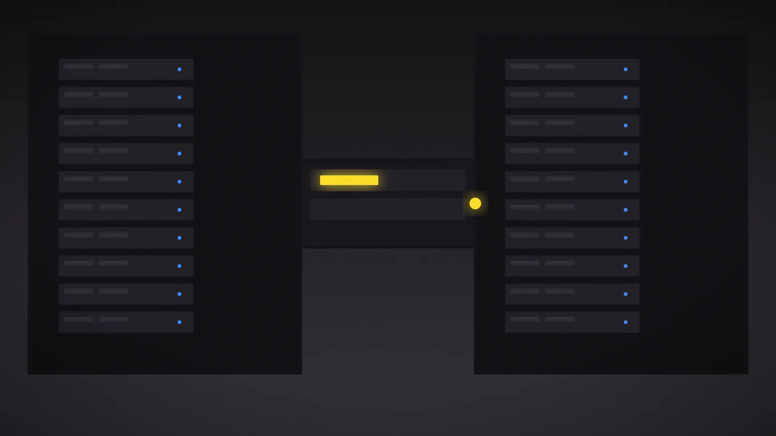 Deux salles de serveurs identiques côte à côte, reliées par une seule passerelle lumineuse ambre posée au-dessus d'un vide sombre, chaque rack illuminé de diodes bleues.