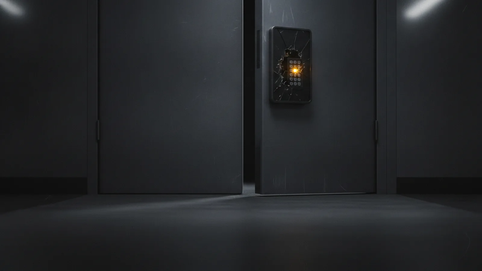 Une porte de sécurité en acier entrebâillée dans une baie de serveurs, son clavier électronique fissuré, une seule LED ambre encore allumée sur le boîtier.