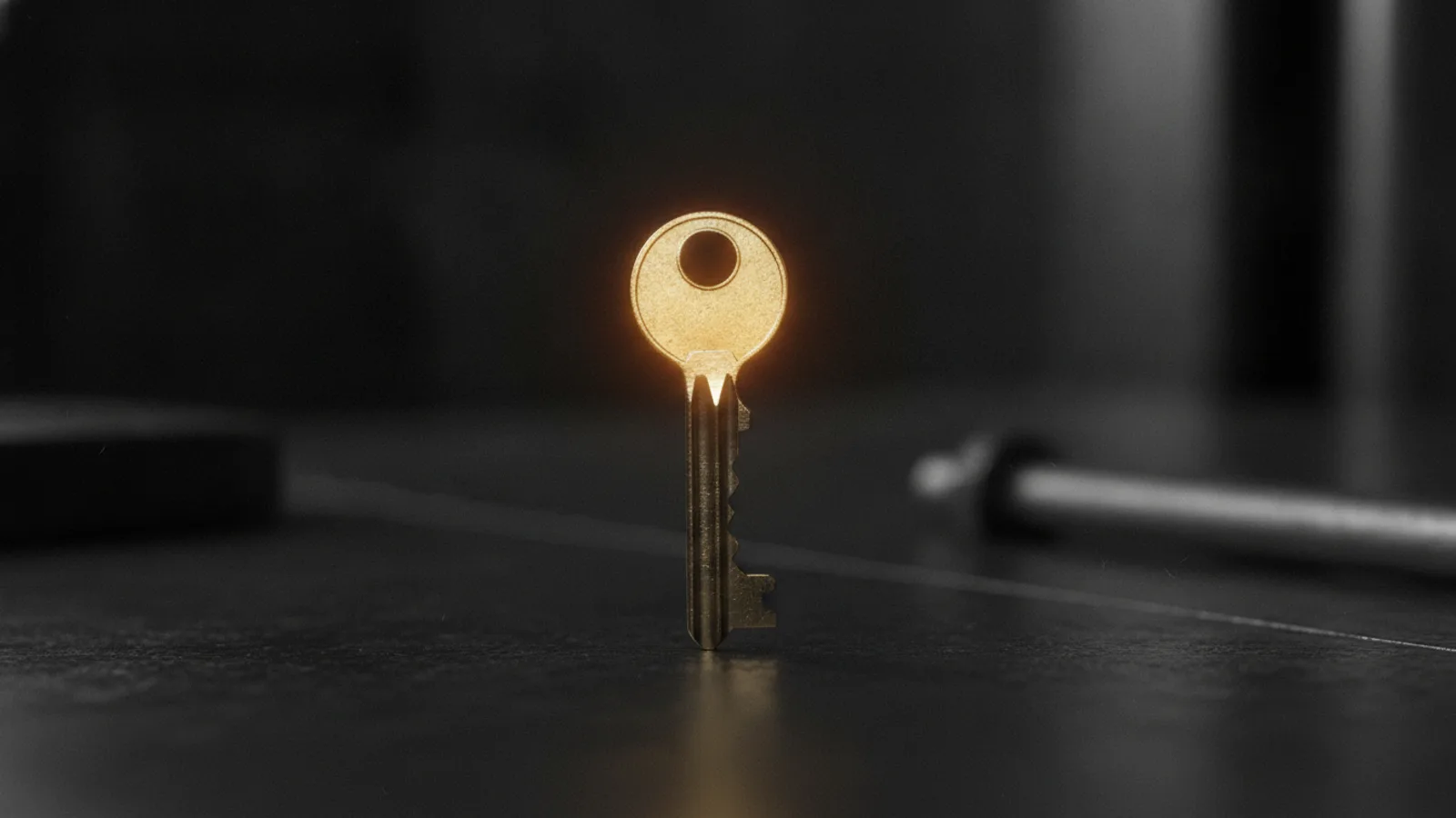 Une clé en laiton aux dents identiques et usées posée sur une surface sombre, son anneau brillant d’un éclat ambre.