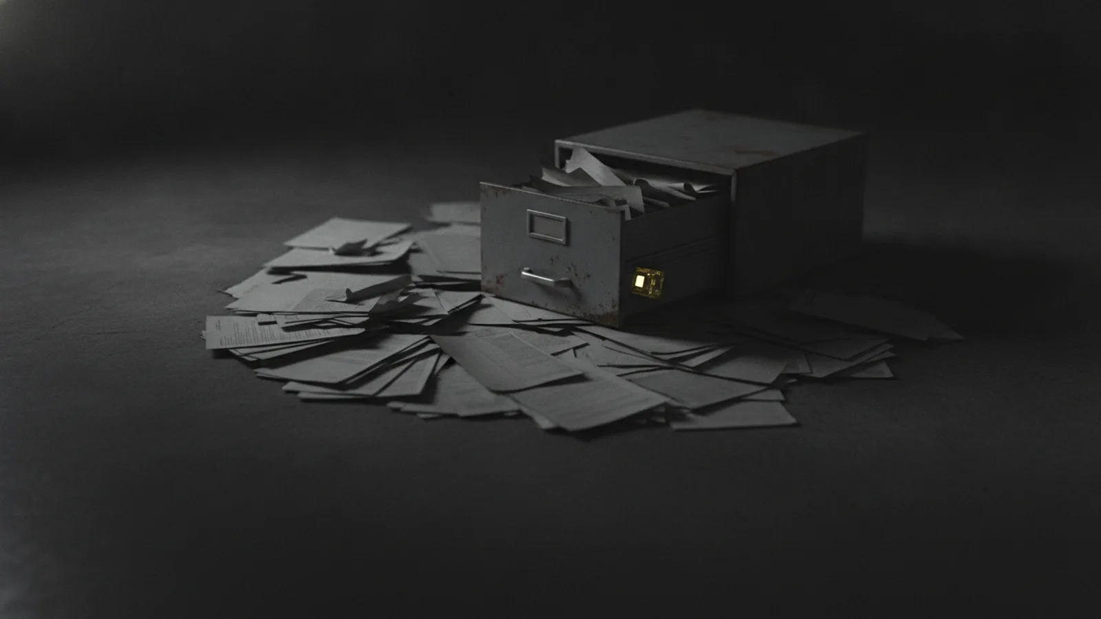 An overturned metal filing cabinet drawer, its paper records spilled across a dark concrete floor, a single amber tab on one folder.