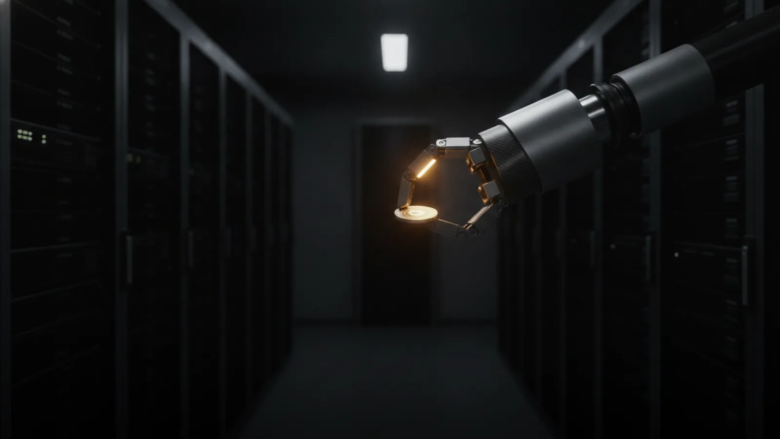 Un bras de préhenseur robotique figé en plein mouvement dans un couloir de baies serveurs sombres, ses pinces tenant une petite puce de jeton, une seule lampe ambre allumée sur son poignet.