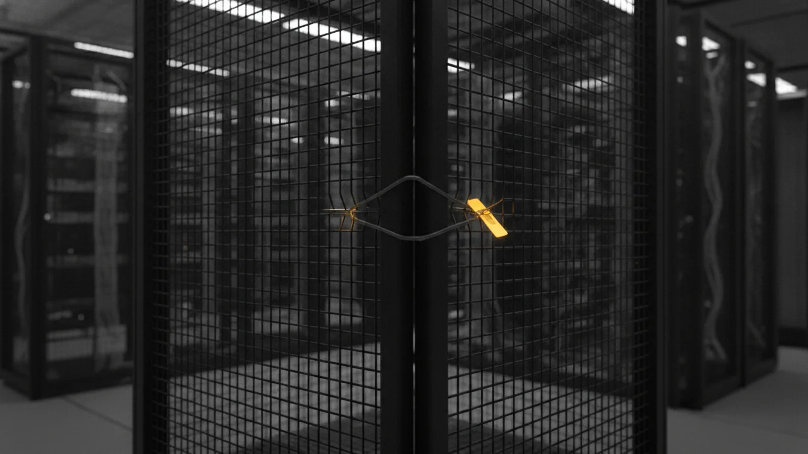 Une cage grillagée d’équipements en centre de données, un panneau d’angle légèrement écarté avec une seule étiquette ambre accrochée à l’ouverture.